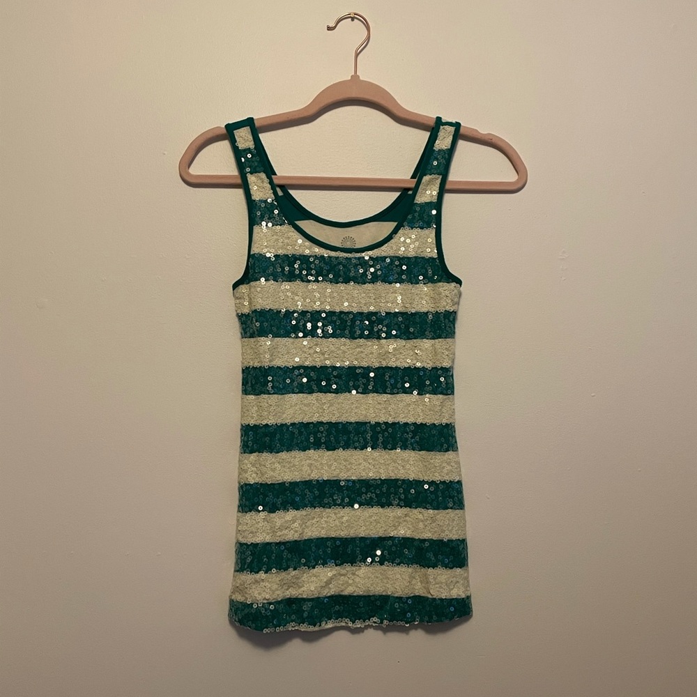 Green and white striped sequin tank top